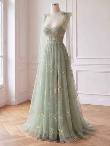 Sage Long Prom Dresses Tulle Bow Straps Floral Embroidered with Slit