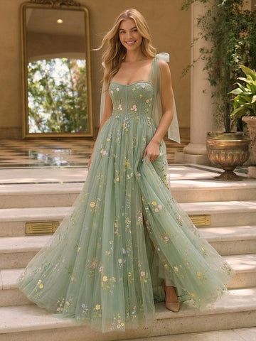 Sage Long Prom Dresses Tulle Bow Straps Floral Embroidered with Slit