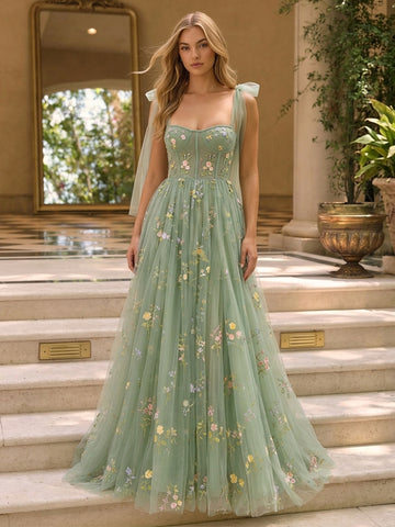 Sage Long Prom Dresses Tulle Bow Straps Floral Embroidered with Slit