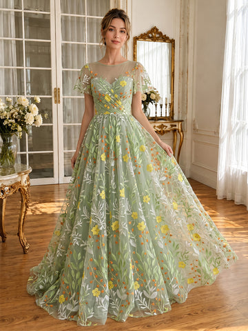 Sage Long Prom Dresses Tulle Sheer Round Neck Floral Embroidered Short Sleeves