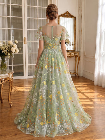 Sage Long Prom Dresses Tulle Sheer Round Neck Floral Embroidered Short Sleeves