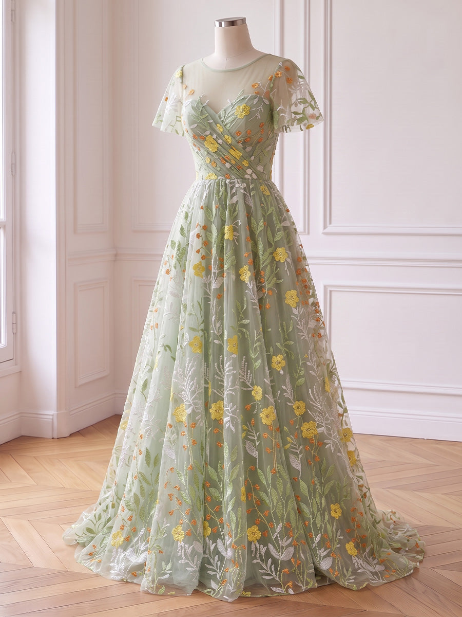 Sage Long Prom Dresses Tulle Sheer Round Neck Floral Embroidered Short Sleeves