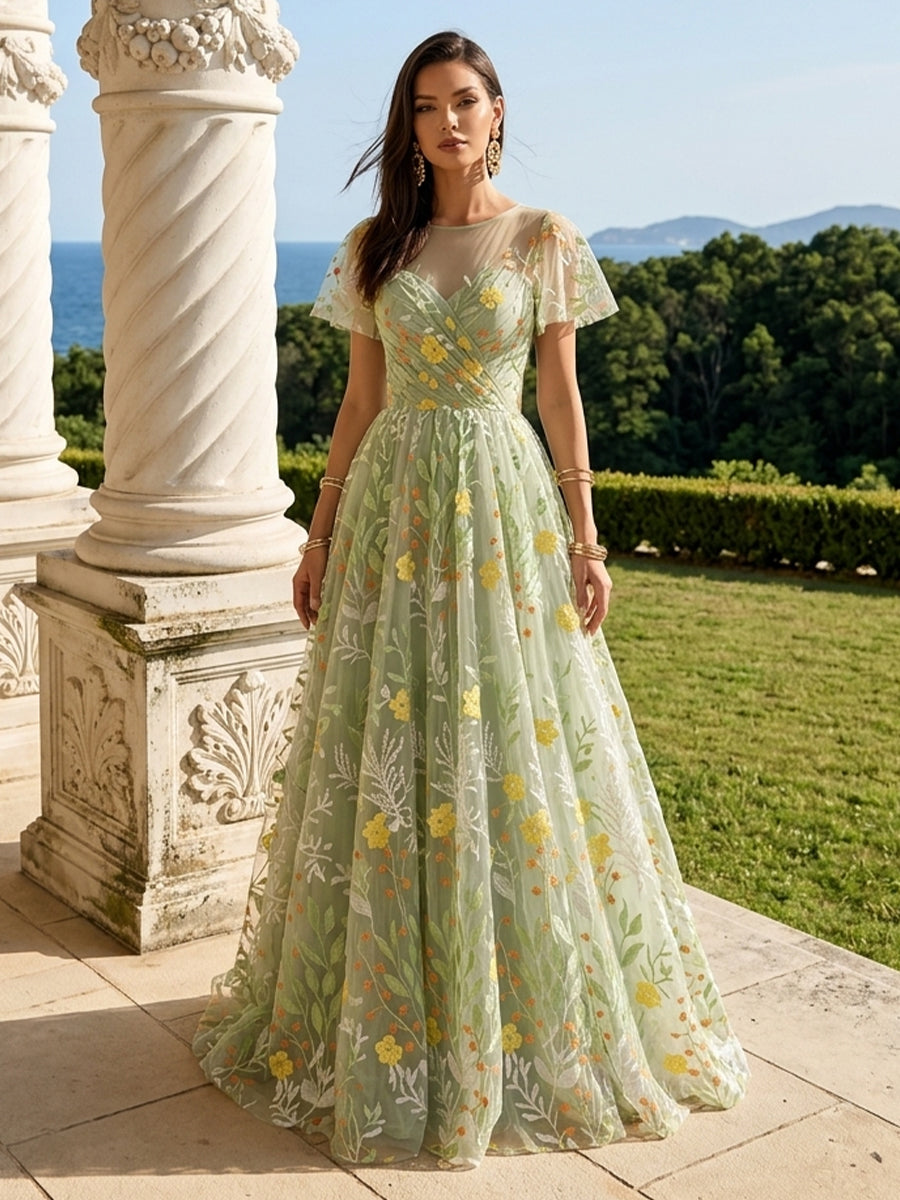 Sage Long Prom Dresses Tulle Sheer Round Neck Floral Embroidered Short Sleeves