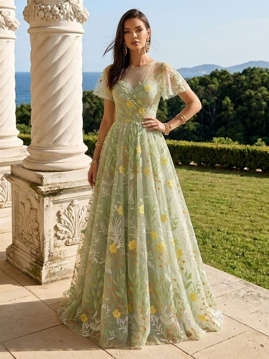 Sage Long Prom Dresses Tulle Sheer Round Neck Floral Embroidered Short Sleeves