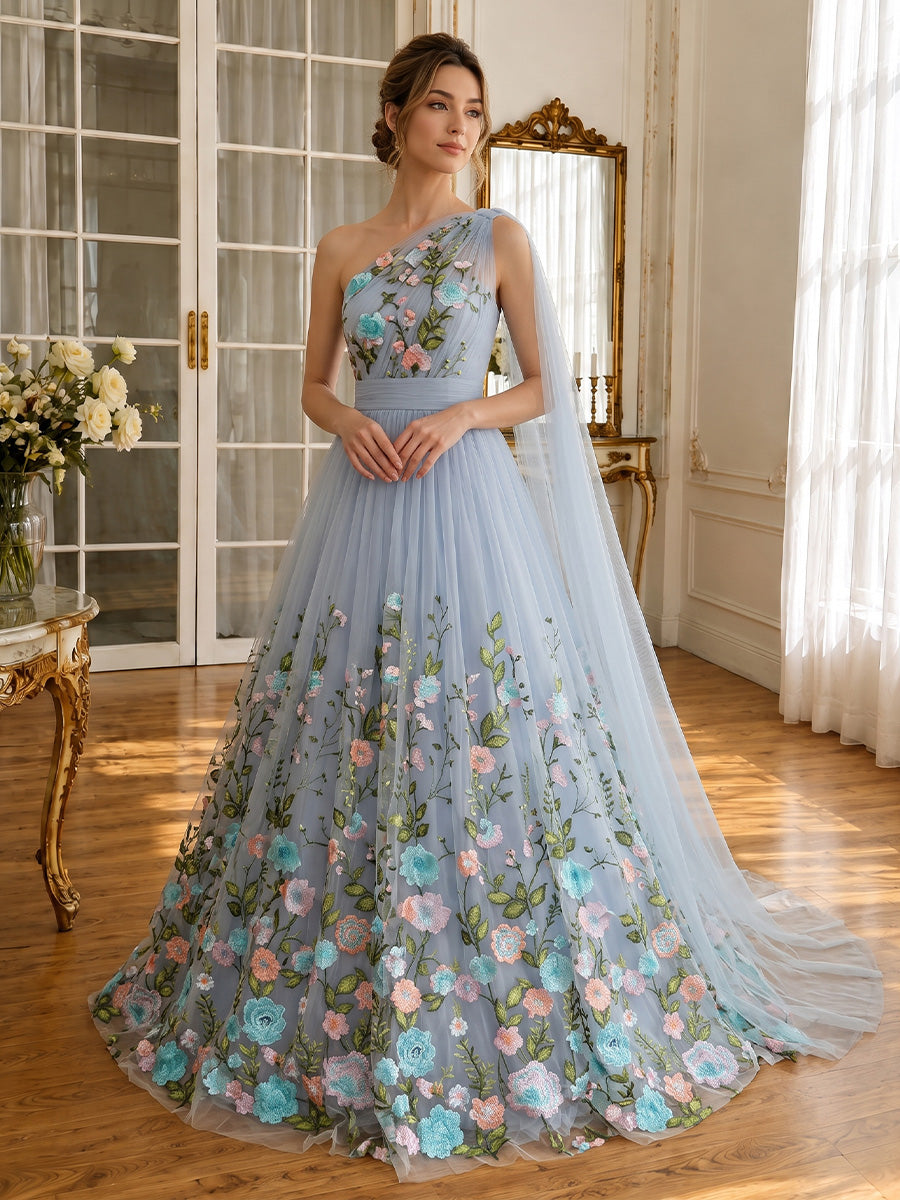 Floral Embroidered Long Prom Dresses Dusty Blue One Shoulder with Cap