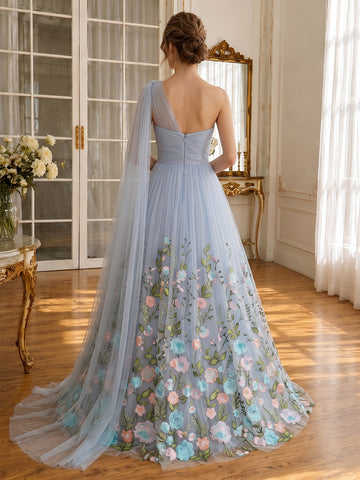Floral Embroidered Long Prom Dresses Dusty Blue One Shoulder with Cap