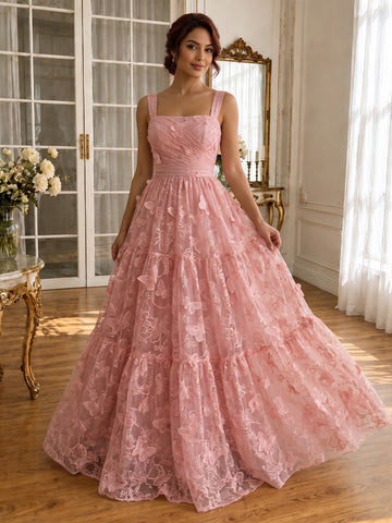 Butterfly Embroidered Long Tulle Prom Dresses Pink Square Neck Tiered A Line