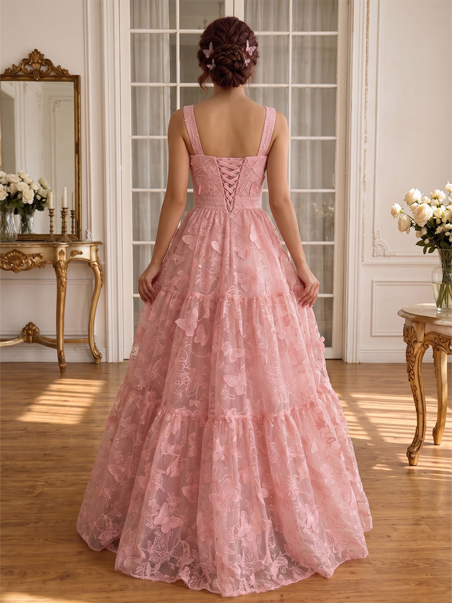 Butterfly Embroidered Long Tulle Prom Dresses Pink Square Neck Tiered A Line