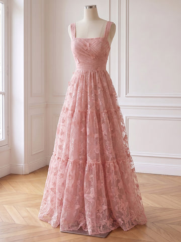 Butterfly Embroidered Long Tulle Prom Dresses Pink Square Neck Tiered A Line