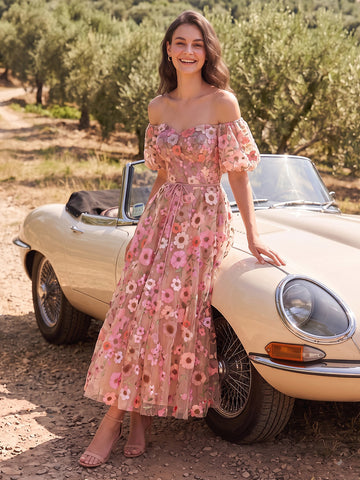 Nude Off Shoulder Midi Prom Dresses Puff Sleeve A Line Tulle 3D Floral Embroidery