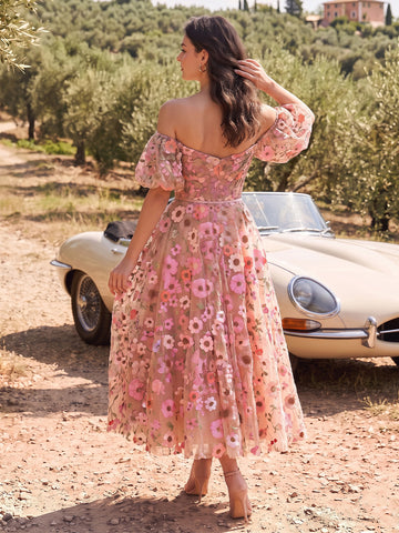 Nude Off Shoulder Midi Prom Dresses Puff Sleeve A Line Tulle 3D Floral Embroidery