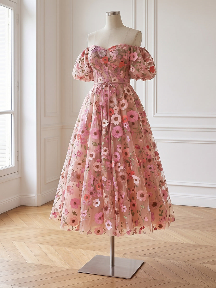Nude Off Shoulder Midi Prom Dresses Puff Sleeve A Line Tulle 3D Floral Embroidery