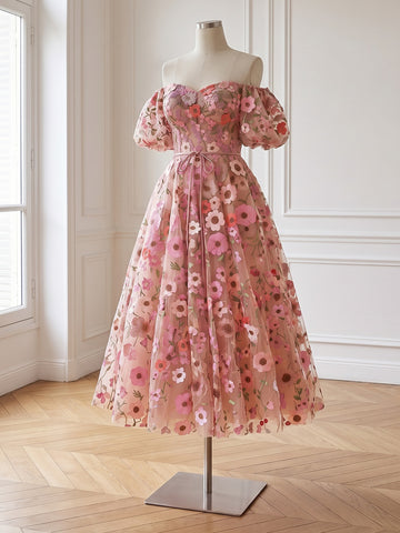Nude Off Shoulder Midi Prom Dresses Puff Sleeve A Line Tulle 3D Floral Embroidery