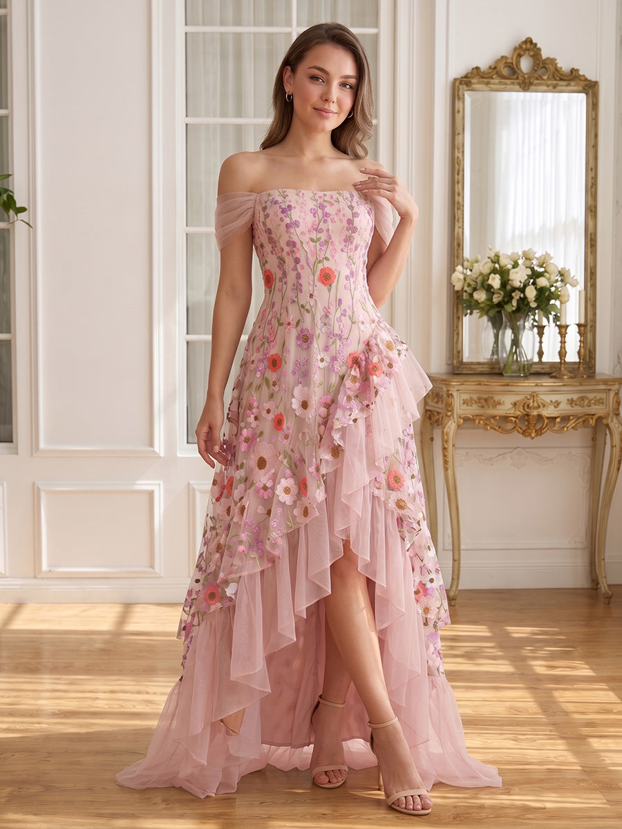 Floral Embroidered High Low Prom Dresses Pink Off Shoulder