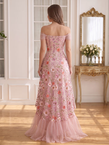 Floral Embroidered High Low Prom Dresses Pink Off Shoulder