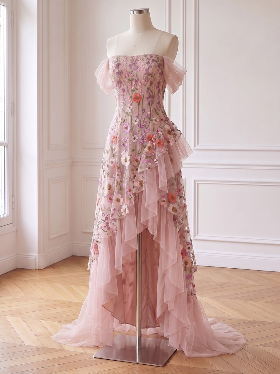 Floral Embroidered High Low Prom Dresses Pink Off Shoulder