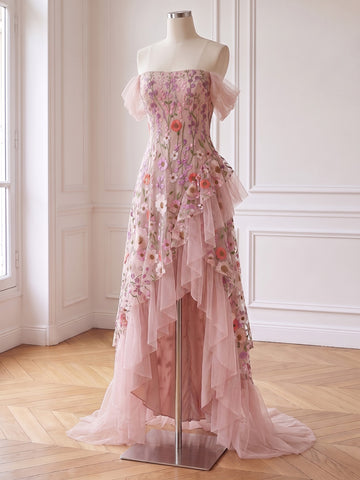 Floral Embroidered High Low Prom Dresses Pink Off Shoulder