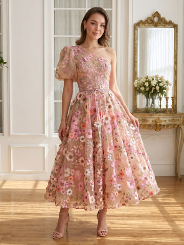 One Shoulder Midi Prom Dresses Puff Sleeve A Line Tulle 3D Floral Embroidery Pink