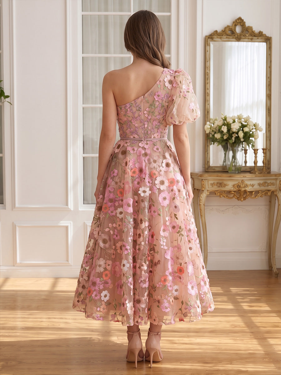 One Shoulder Midi Prom Dresses Puff Sleeve A Line Tulle 3D Floral Embroidery Pink