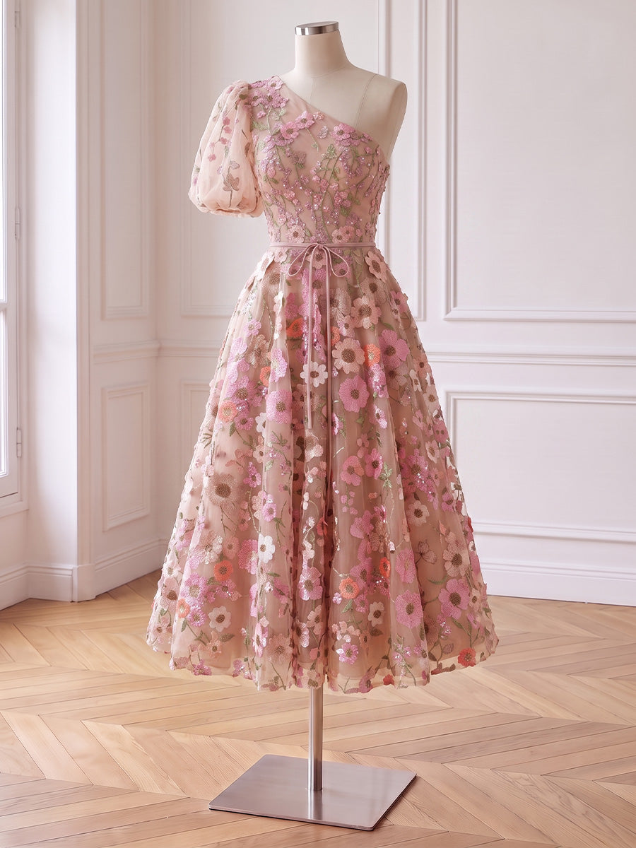 One Shoulder Midi Prom Dresses Puff Sleeve A Line Tulle 3D Floral Embroidery Pink
