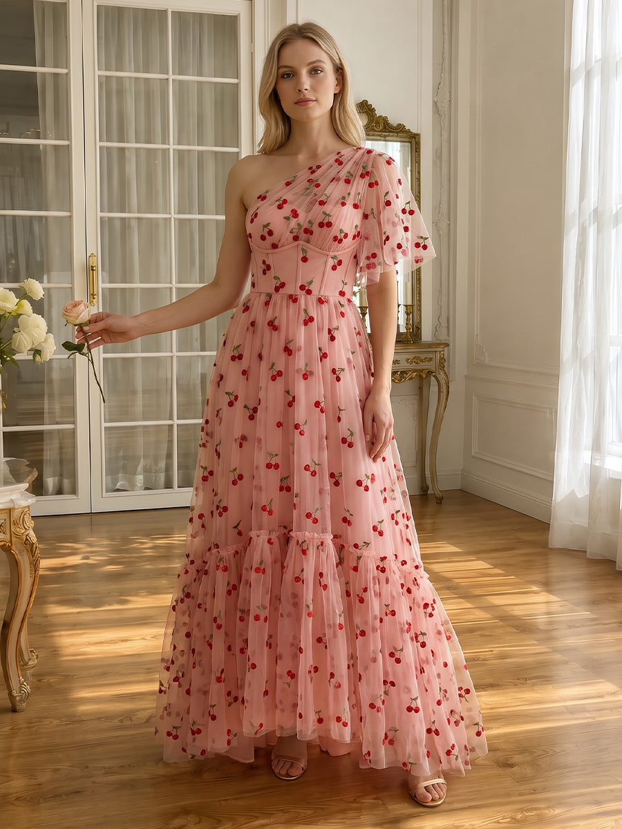 A Line Tulle Prom Dresses Pink One Shoulder Short Sleeve Tiered Cherry Embroidered