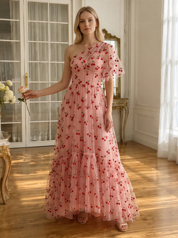 A Line Tulle Prom Dresses Pink One Shoulder Short Sleeve Tiered Cherry Embroidered