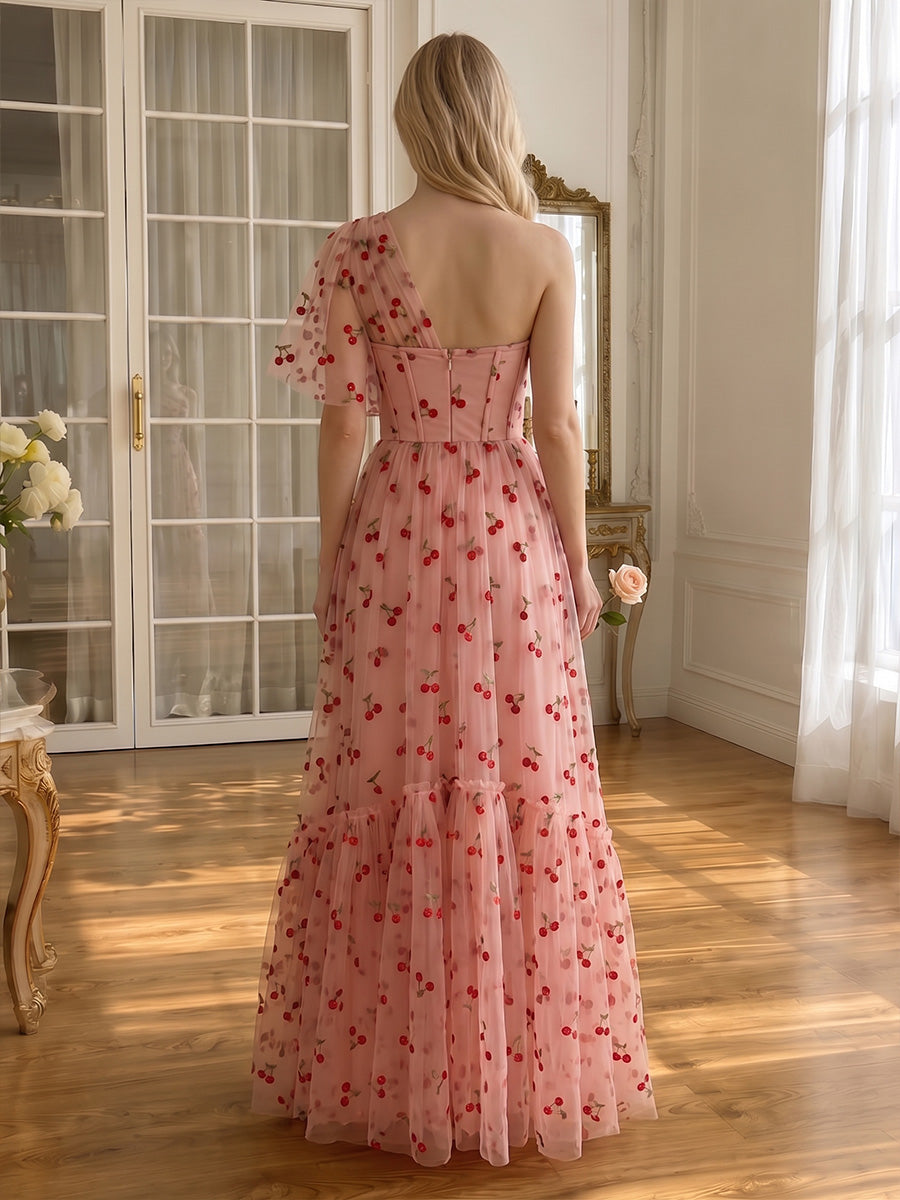 A Line Tulle Prom Dresses Pink One Shoulder Short Sleeve Tiered Cherry Embroidered