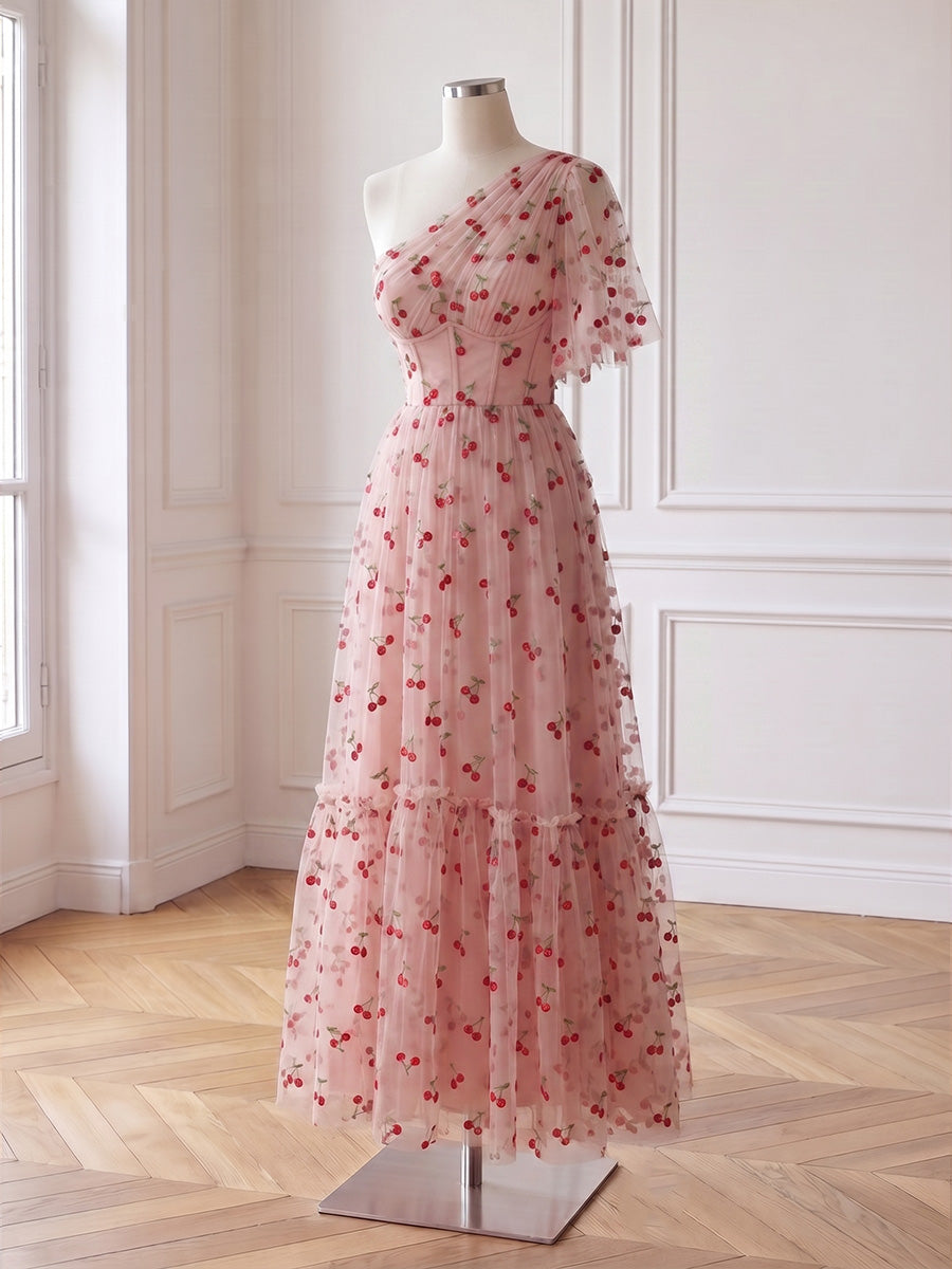 A Line Tulle Prom Dresses Pink One Shoulder Short Sleeve Tiered Cherry Embroidered