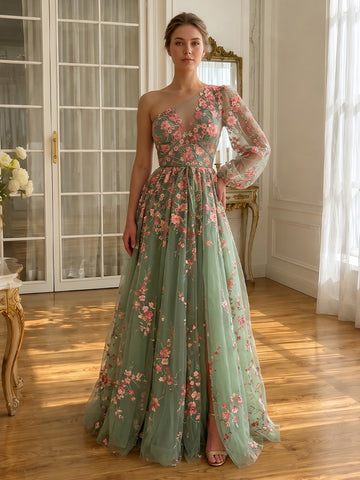 Floral Embroidered Tulle Long Prom Dresses Sage Green One Shoulder A Line
