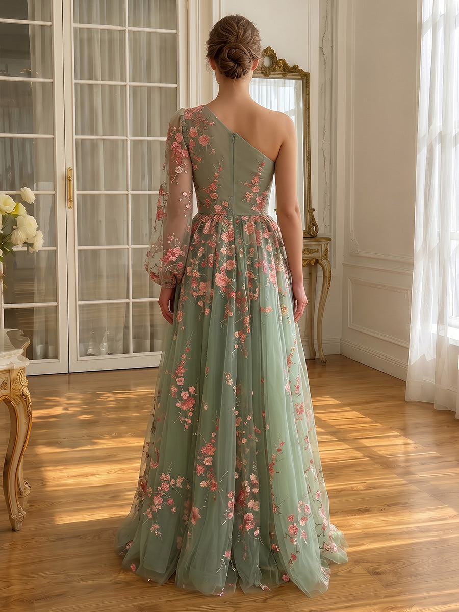 Floral Embroidered Tulle Long Prom Dresses Sage Green One Shoulder A Line