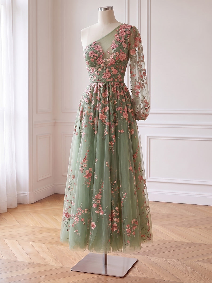 Floral Embroidered Tulle Long Prom Dresses Sage Green One Shoulder A Line