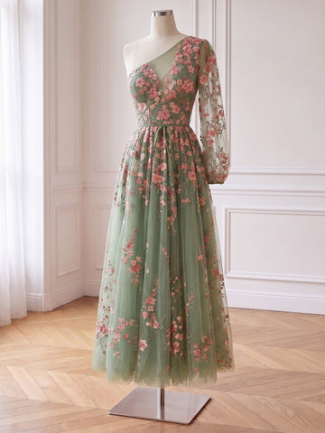 Floral Embroidered Tulle Long Prom Dresses Sage Green One Shoulder A Line