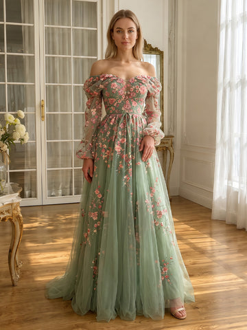 Floral Embroidered Tulle Long Prom Dresses Sage Green Off Shoulder A Line with Sleeves
