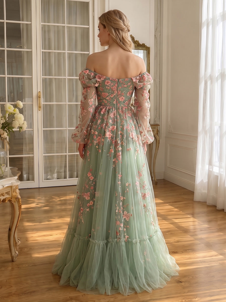 Floral Embroidered Tulle Long Prom Dresses Sage Green Off Shoulder A Line with Sleeves