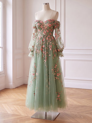 Floral Embroidered Tulle Long Prom Dresses Sage Green Off Shoulder A Line with Sleeves