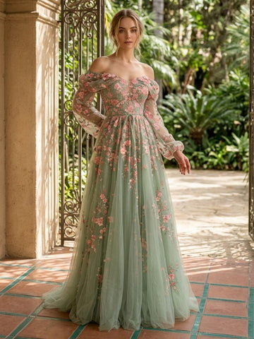Floral Embroidered Tulle Long Prom Dresses Sage Green Off Shoulder A Line with Sleeves