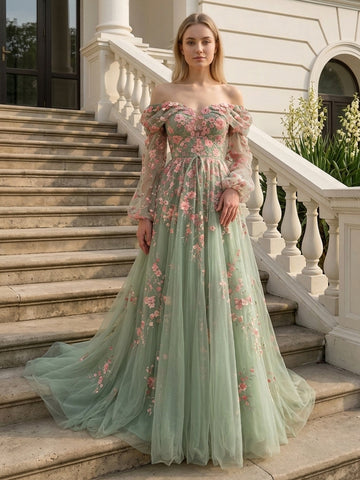 Floral Embroidered Tulle Long Prom Dresses Sage Green Off Shoulder A Line with Sleeves