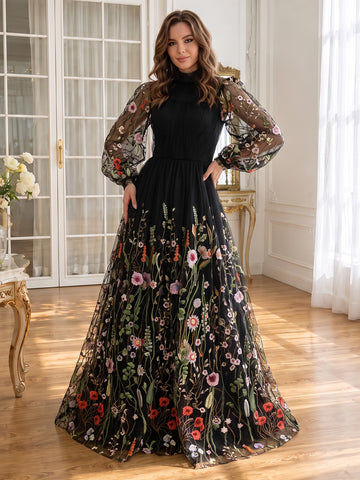 Black Colorful Floral Embroidered Tulle Prom Dresses Long Sleeves High Neck A-Line Floor Length