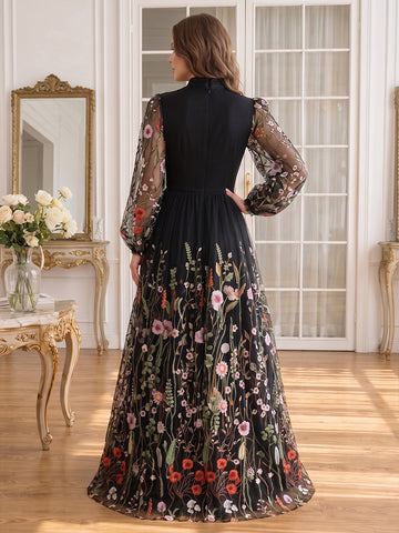 Black Colorful Floral Embroidered Tulle Prom Dresses Long Sleeves High Neck A-Line Floor Length