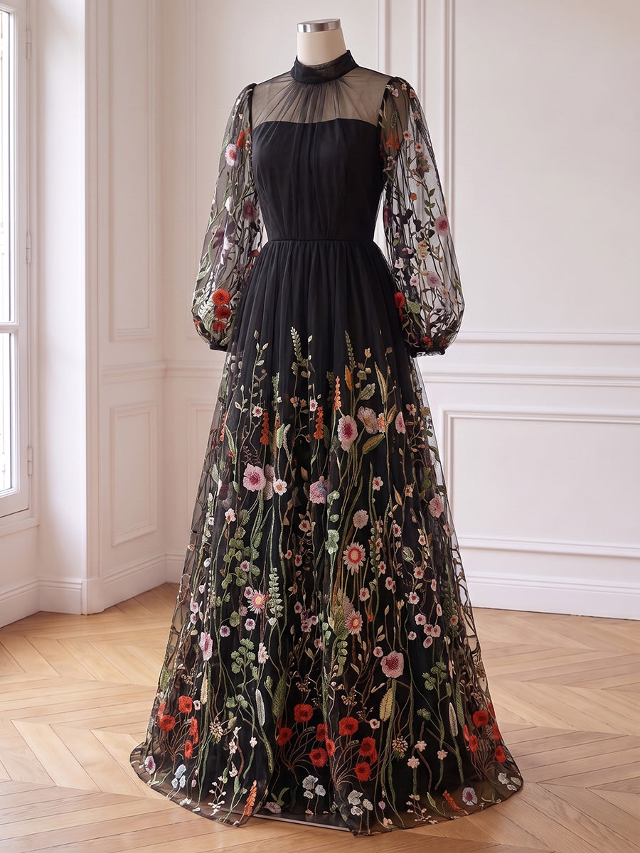 Black Colorful Floral Embroidered Tulle Prom Dresses Long Sleeves High Neck A-Line Floor Length