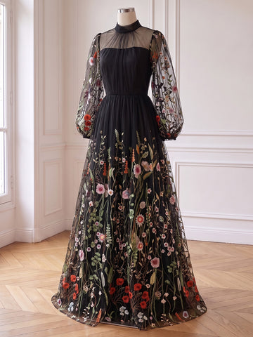 Black Colorful Floral Embroidered Tulle Prom Dresses Long Sleeves High Neck A-Line Floor Length