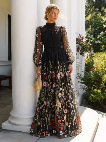 Black Colorful Floral Embroidered Tulle Prom Dresses Long Sleeves High Neck A-Line Floor Length