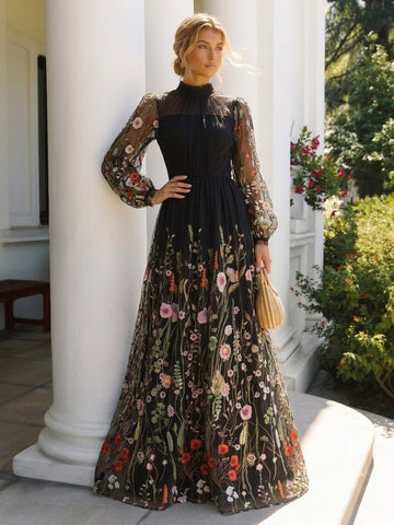 Black Colorful Floral Embroidered Tulle Prom Dresses Long Sleeves High Neck A-Line Floor Length