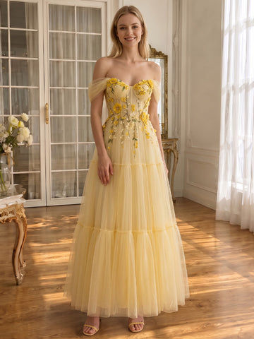 Yellow 3D Floral Tulle Long Prom Dresses Off Shoulder Tiered A Line