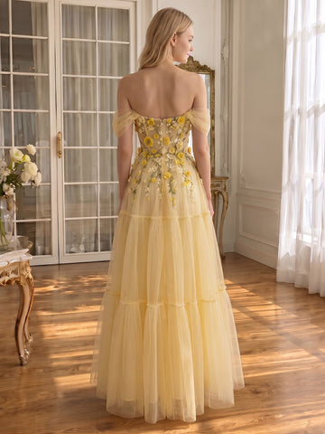 Yellow 3D Floral Tulle Long Prom Dresses Off Shoulder Tiered A Line