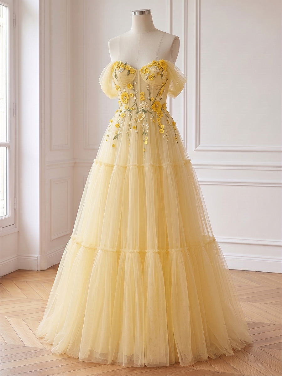 Yellow 3D Floral Tulle Long Prom Dresses Off Shoulder Tiered A Line