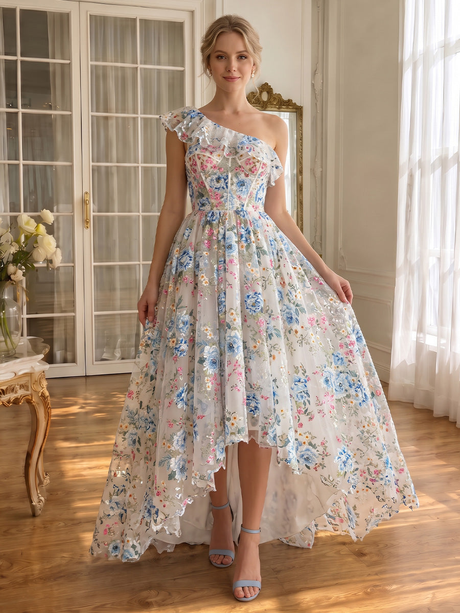 Floral Print Prom Dresses Tulle High Low Blue Rose One Shoulder