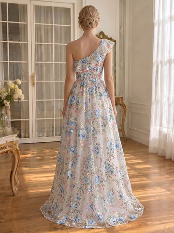 Floral Print Prom Dresses Tulle High Low Blue Rose One Shoulder