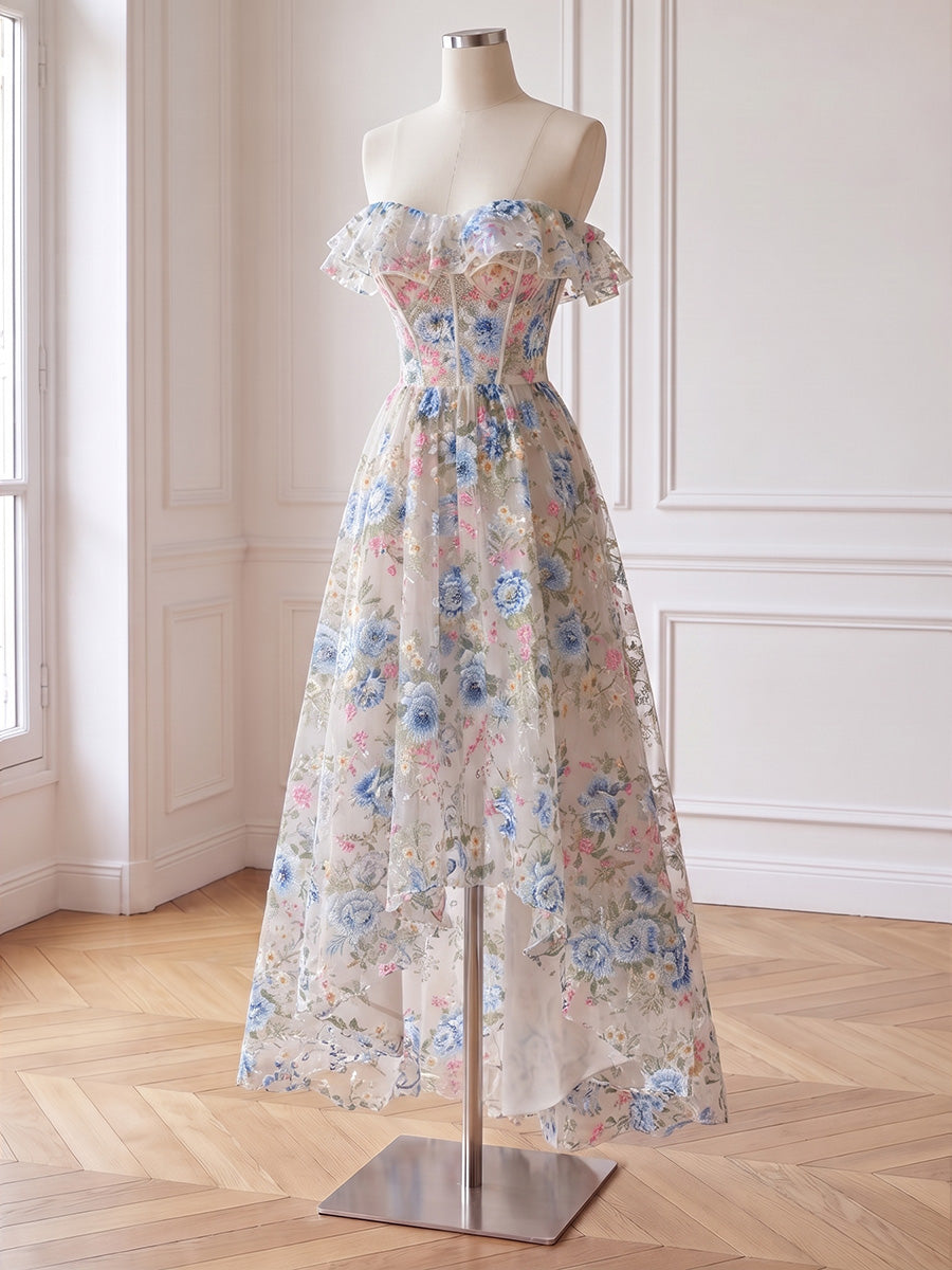 Floral Print Prom Dresses Tulle High Low Blue Rose One Shoulder