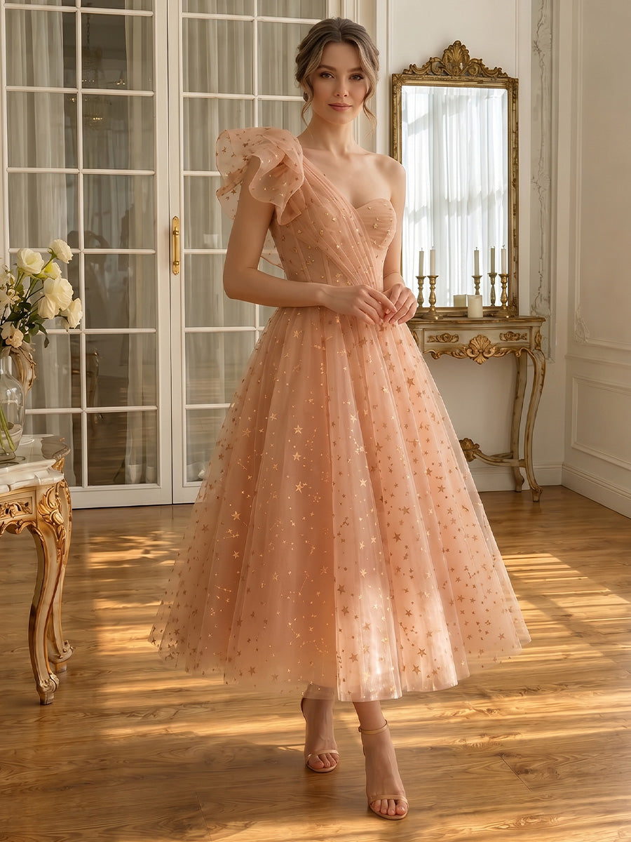 Star Glitter Tulle Midi Prom Dresses Blush Pink One Shoulder